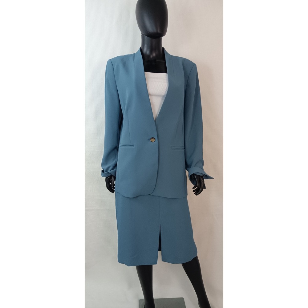 Ann Taylor Womens 2 Piece Skirt Suit Teal Blue Blazer Size 14 Skirt Size 12